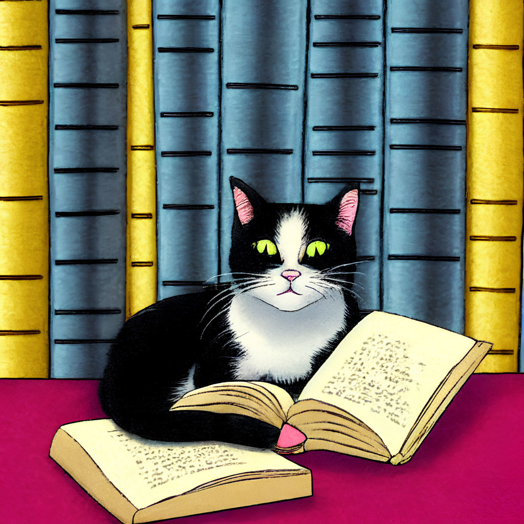 Black and white cat with yellow eyes next to open book, purple curtains and yellow wall