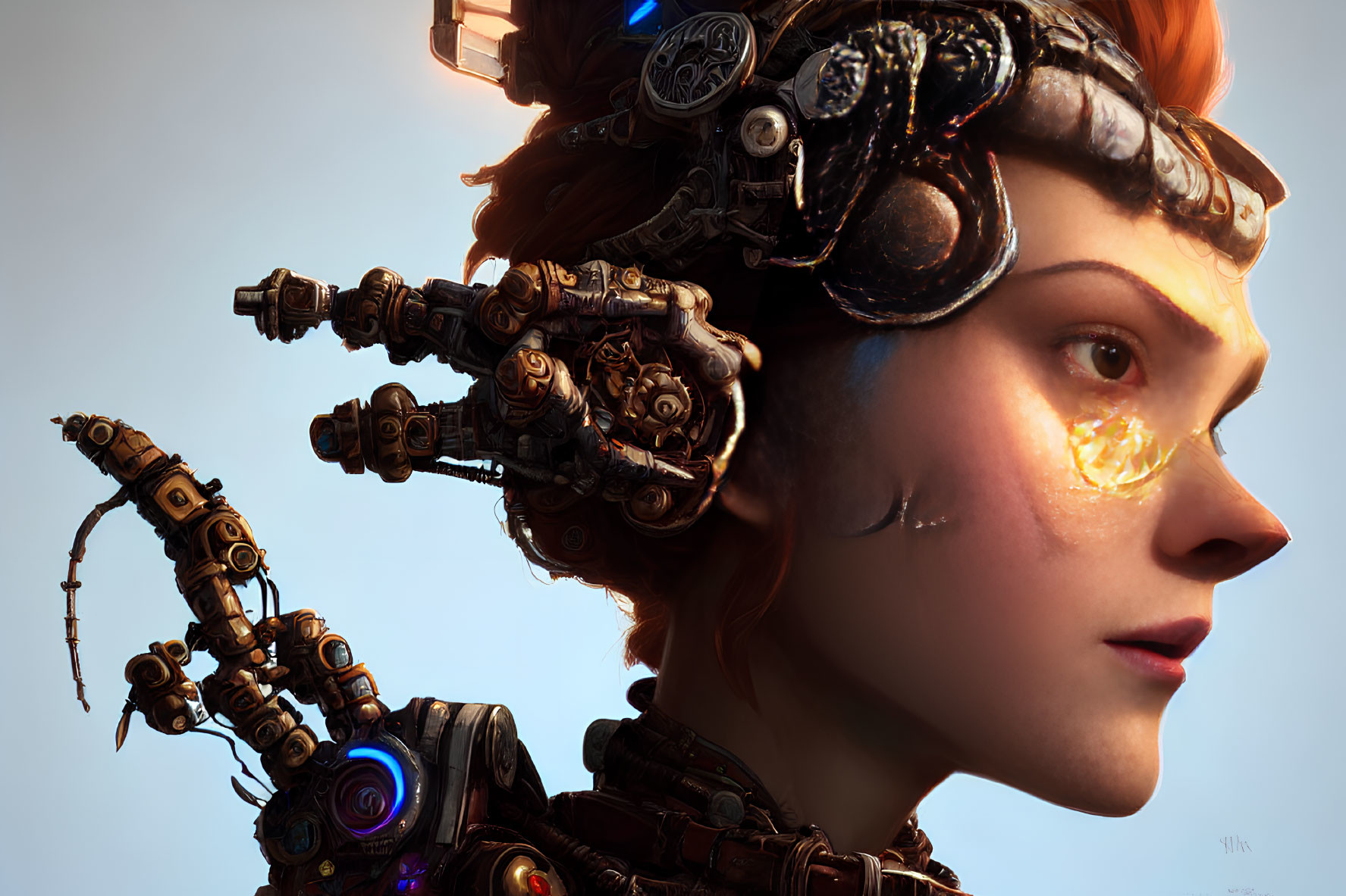 Female character with futuristic cyborg enhancements and glowing eye piece