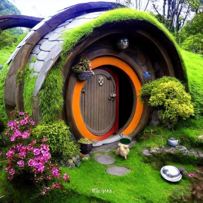 Quaint hobbit-style house with round door in lush greenery