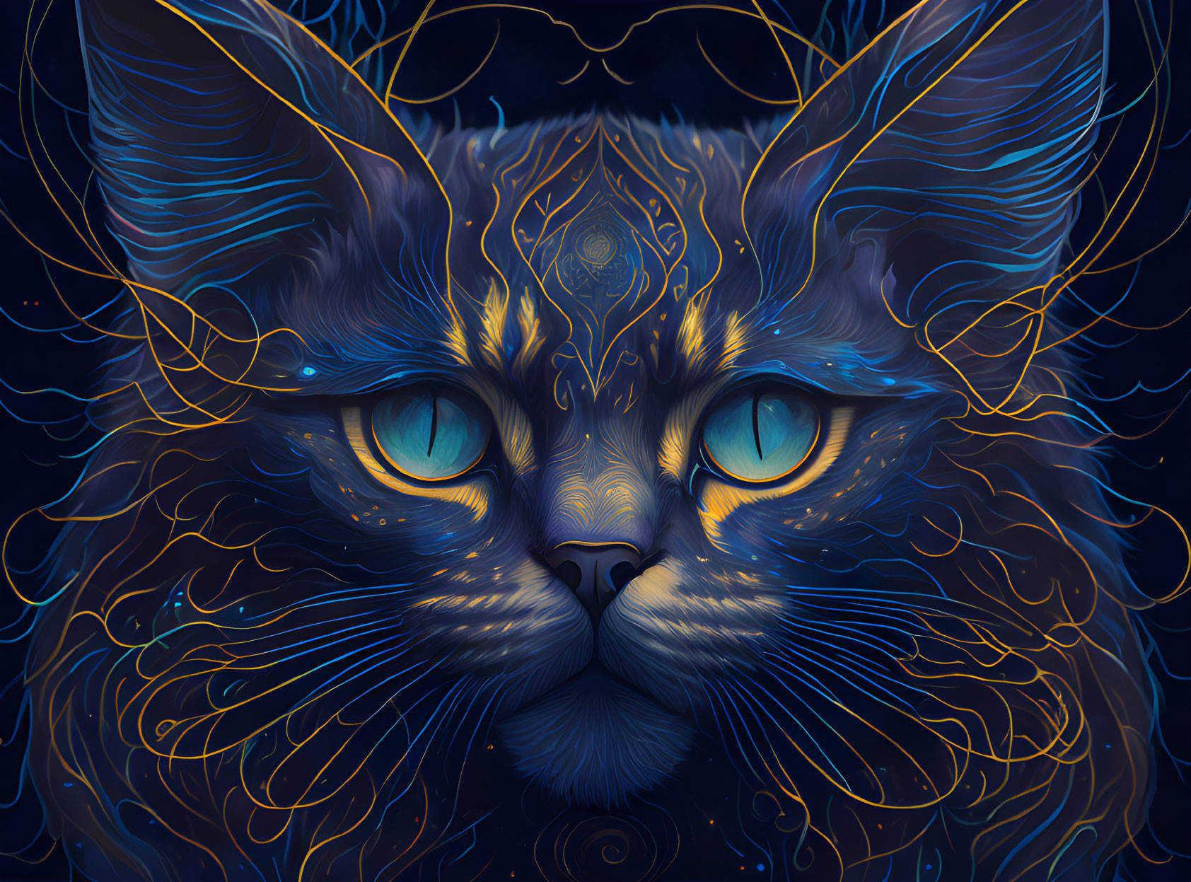 Detailed illustration of mystical blue cat with luminescent patterns