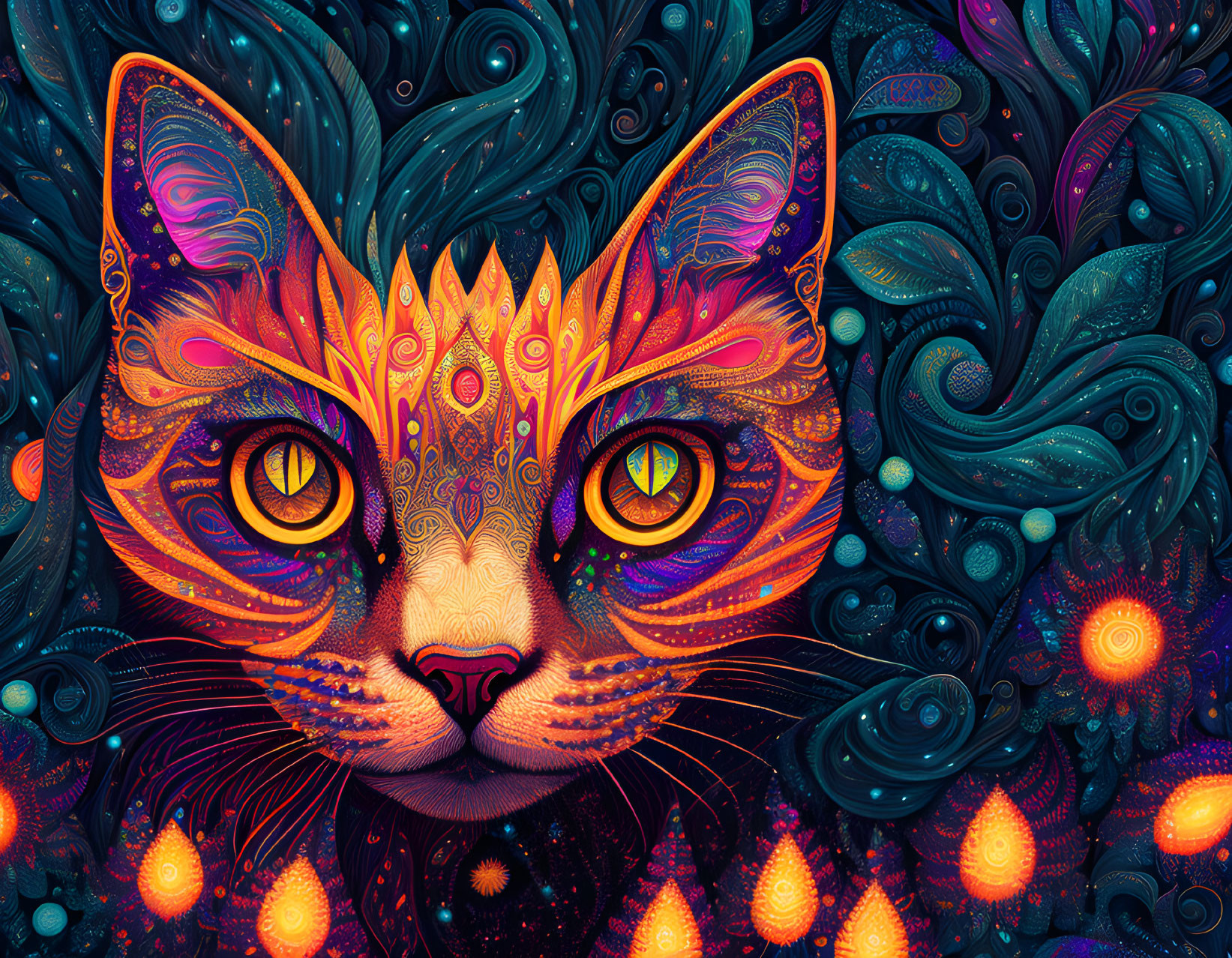 Colorful Cat Illustration with Psychedelic Patterns on Abstract Background