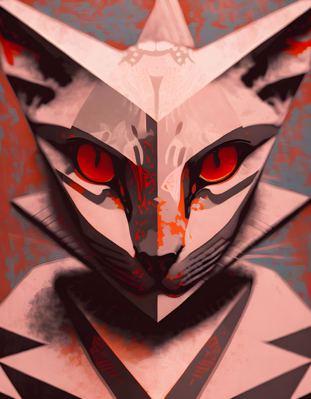 Stylized cat with geometric patterns and red eyes on orange textured background