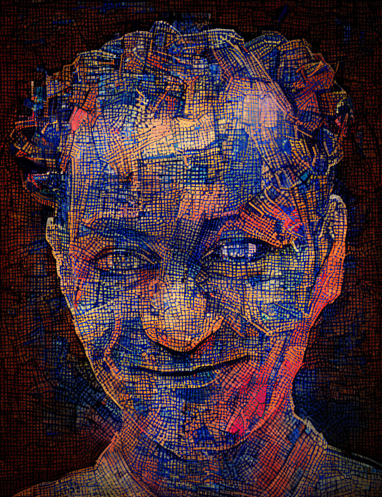 Abstract Portrait with Vibrant Blue and Red Tones and Geometric Patterns