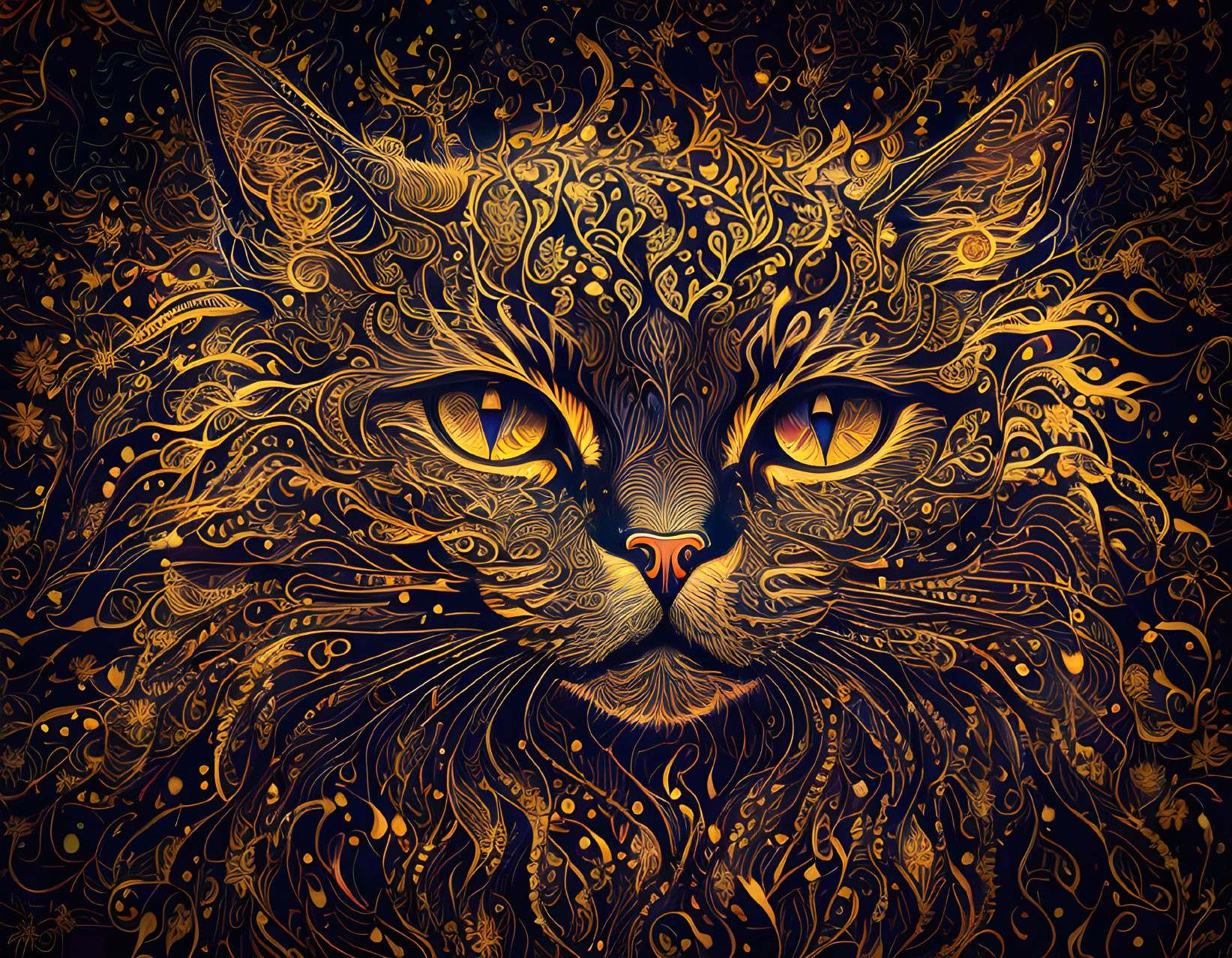 Detailed cat face illustration with swirling patterns and orange eyes on dark backdrop