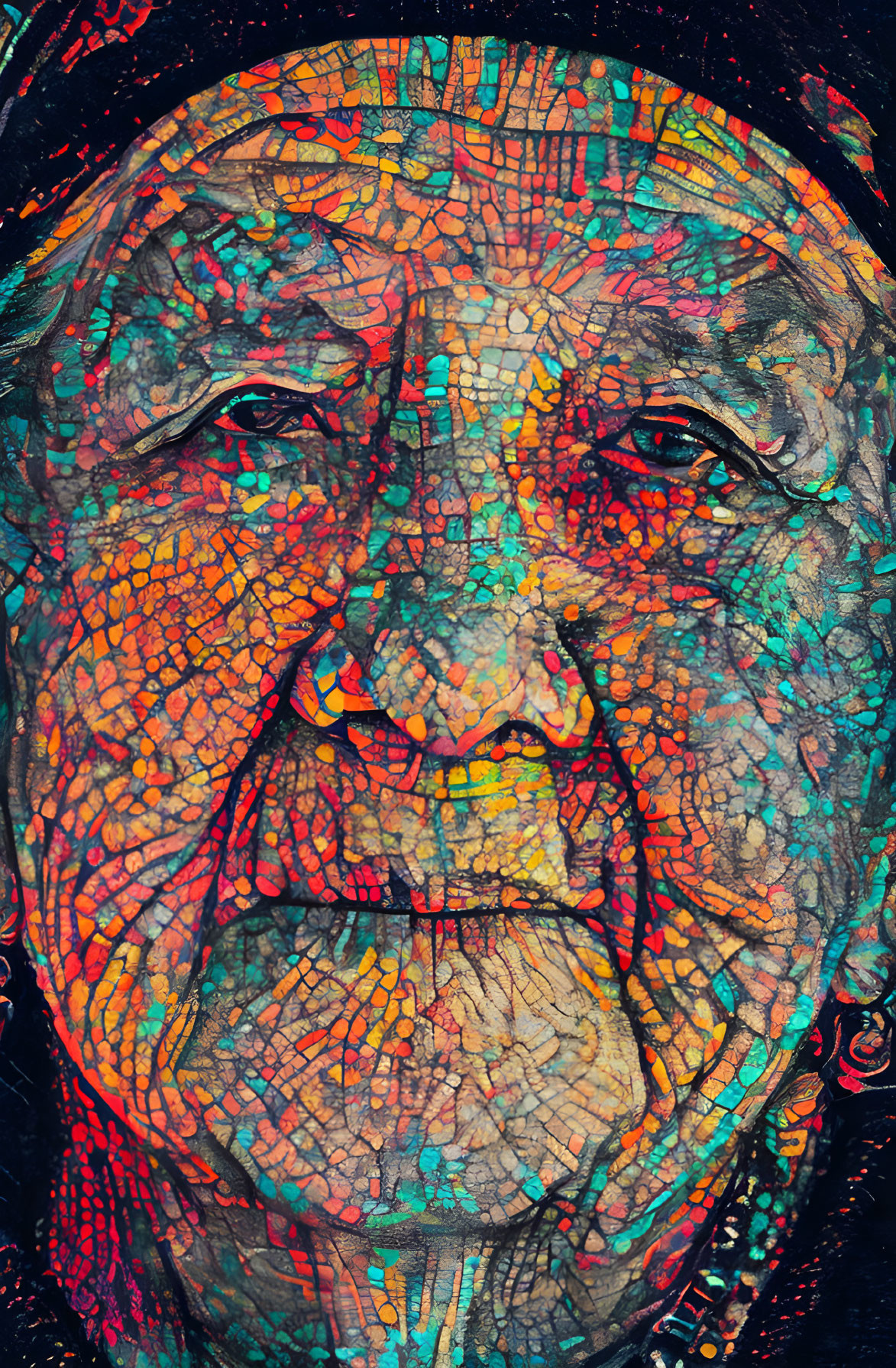 Colorful textured art overlay on elderly person's face creates vibrant mosaic effect