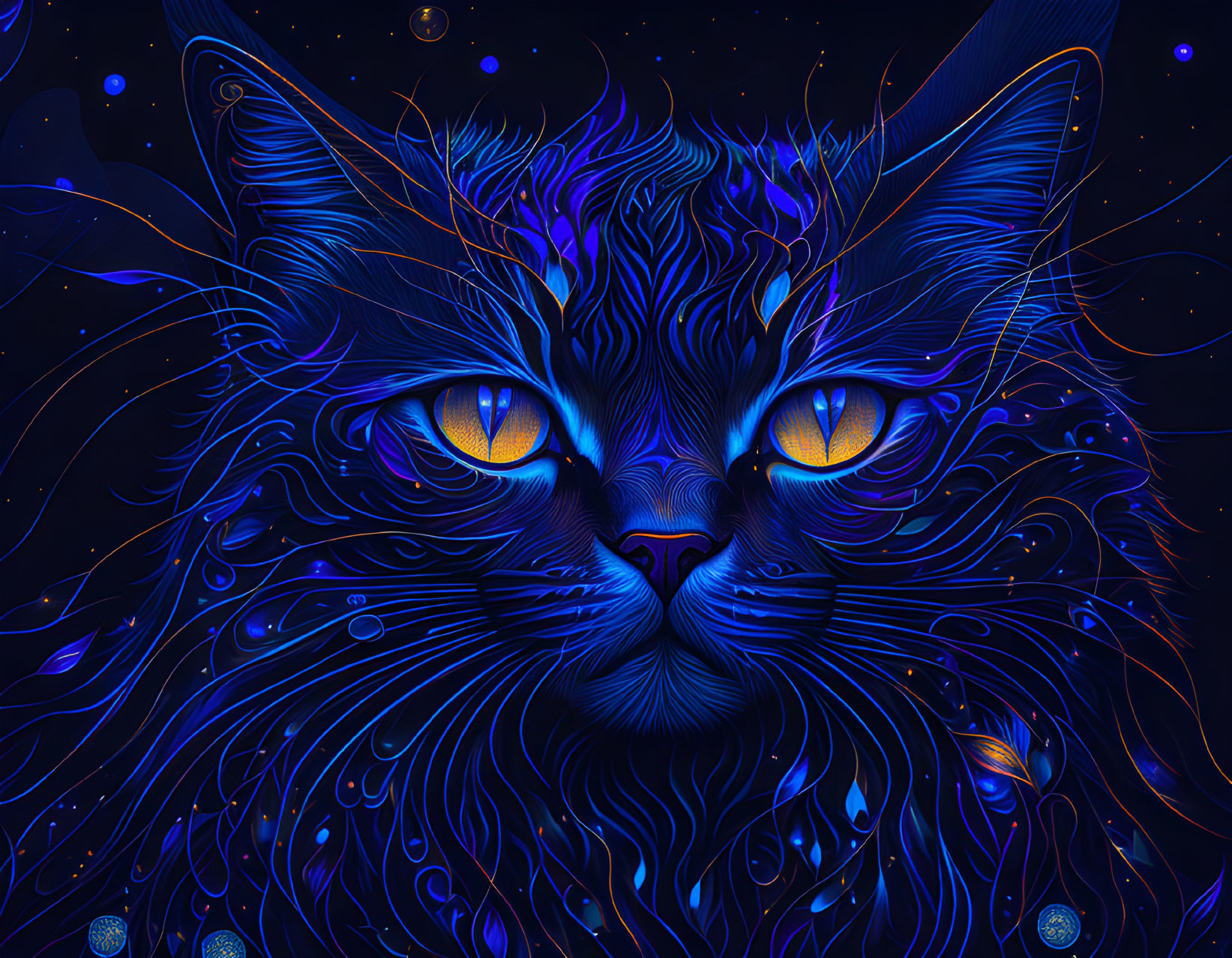 Detailed Blue Patterned Cat Illustration on Dark Background