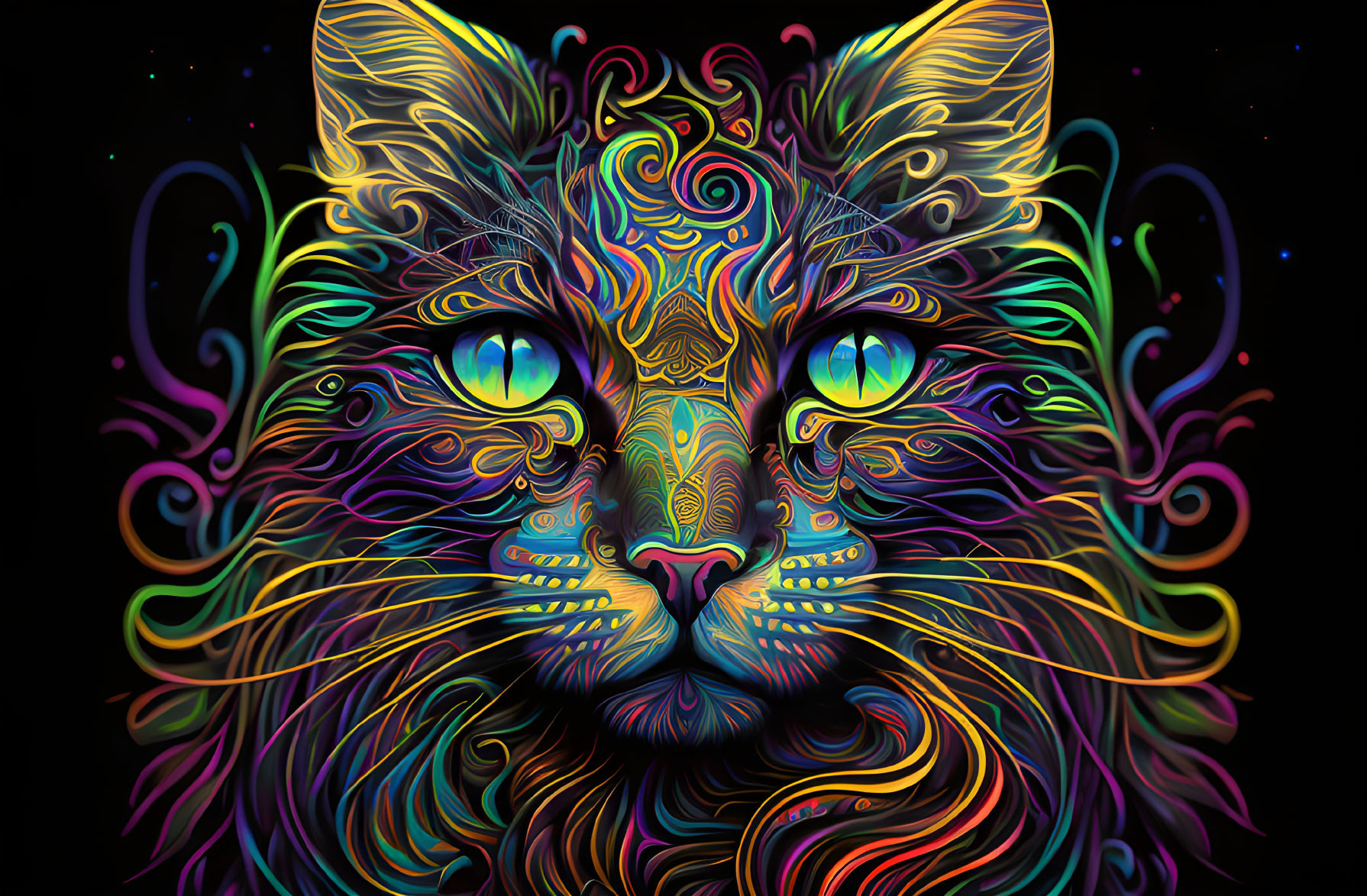 Colorful Psychedelic Cat Illustration with Blue Eyes on Dark Background