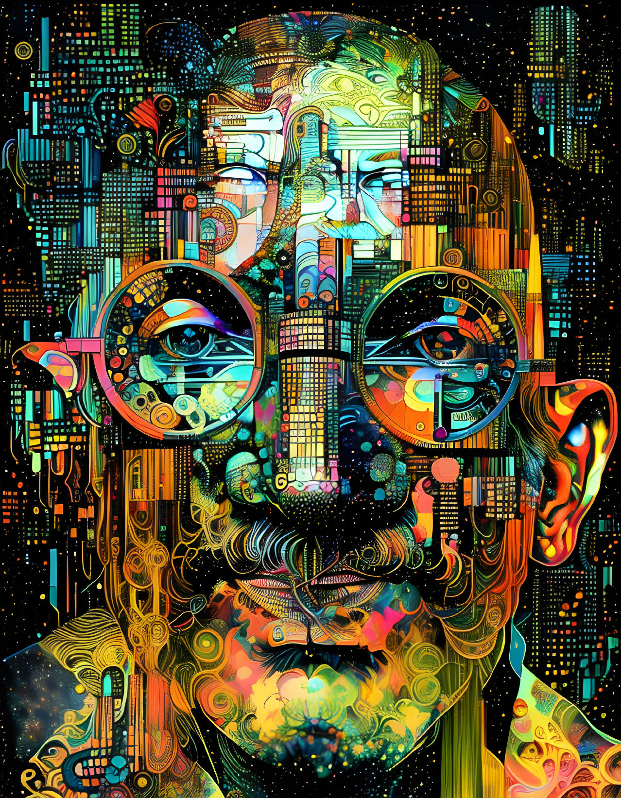 Colorful Abstract Digital Artwork of Psychedelic Human Face with Glasses