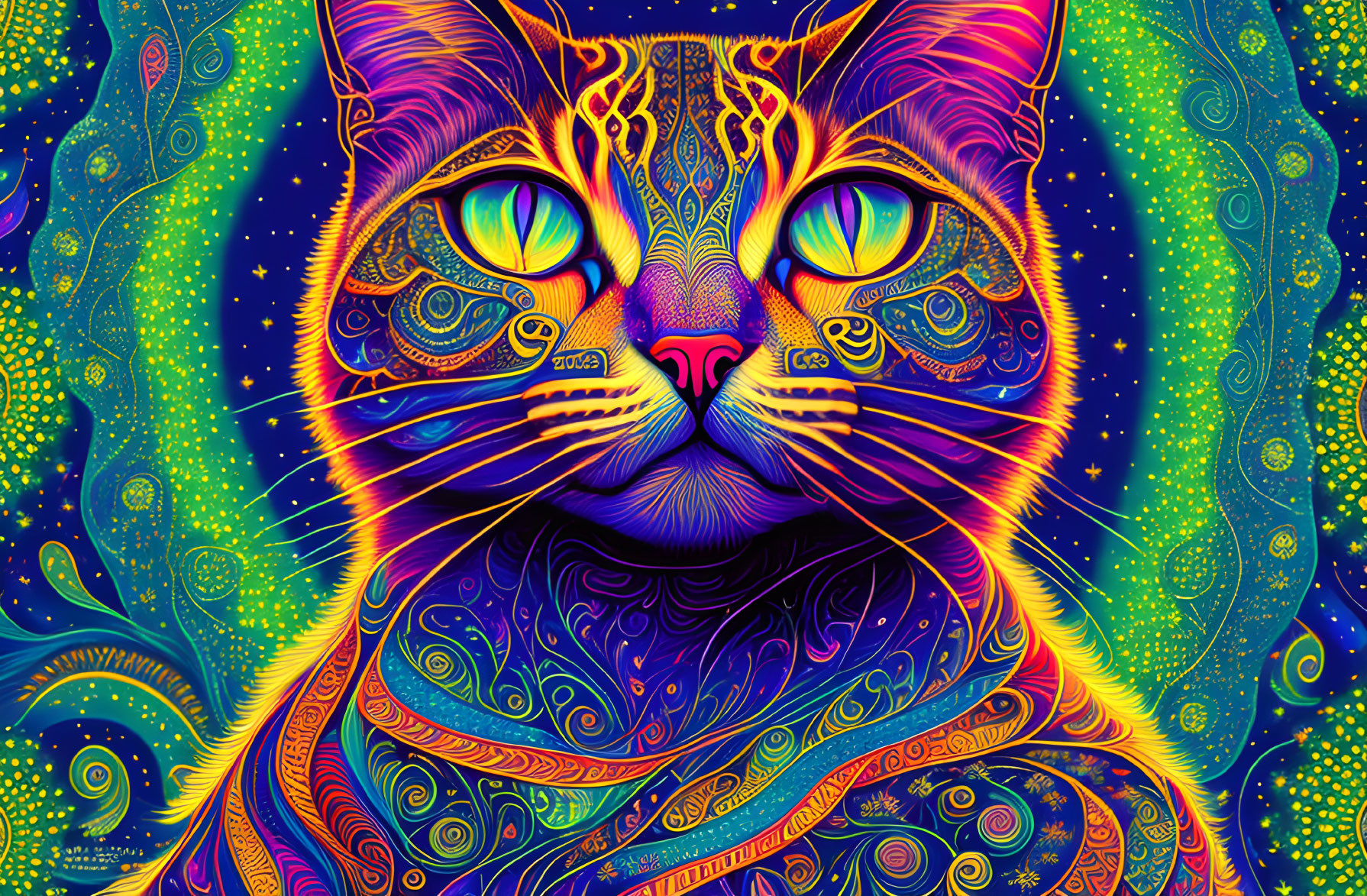 Colorful Psychedelic Cat Illustration with Glowing Eyes