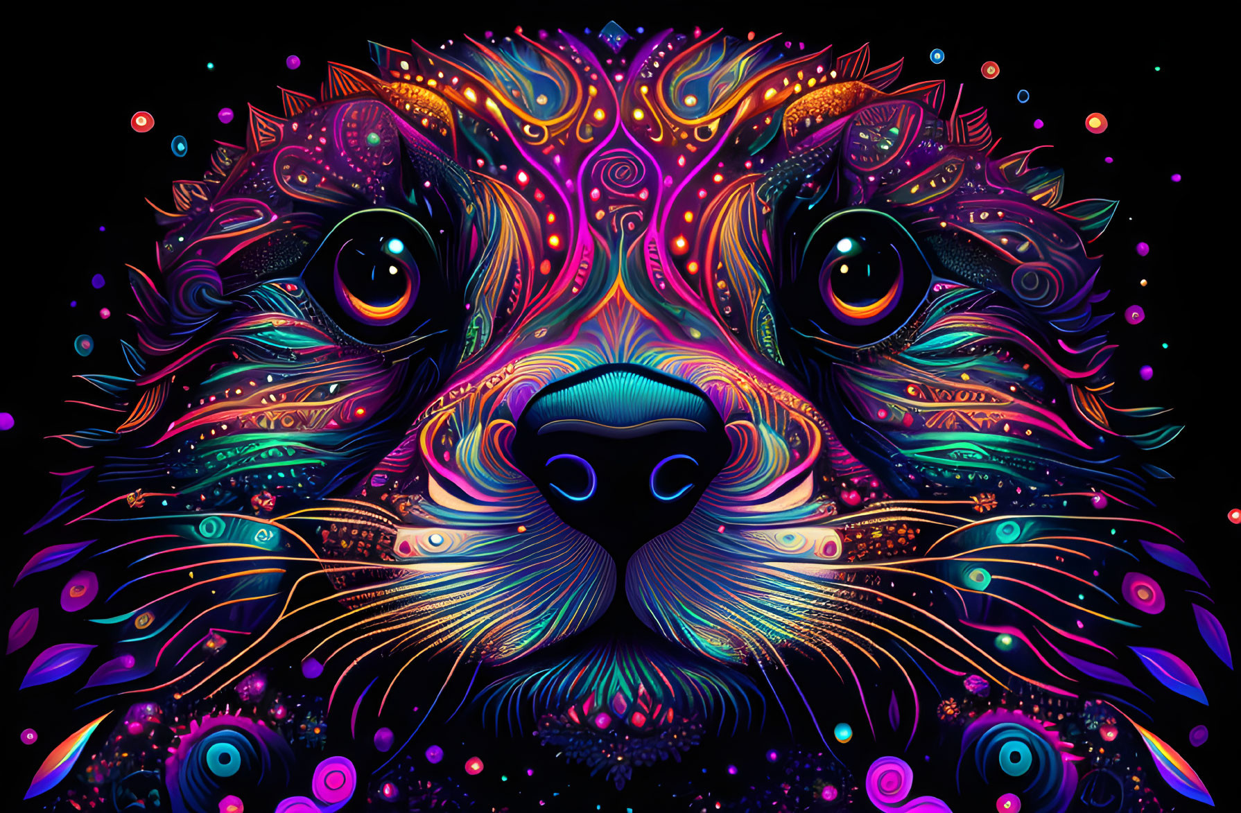 Vibrant psychedelic cat face with intricate patterns on dark background