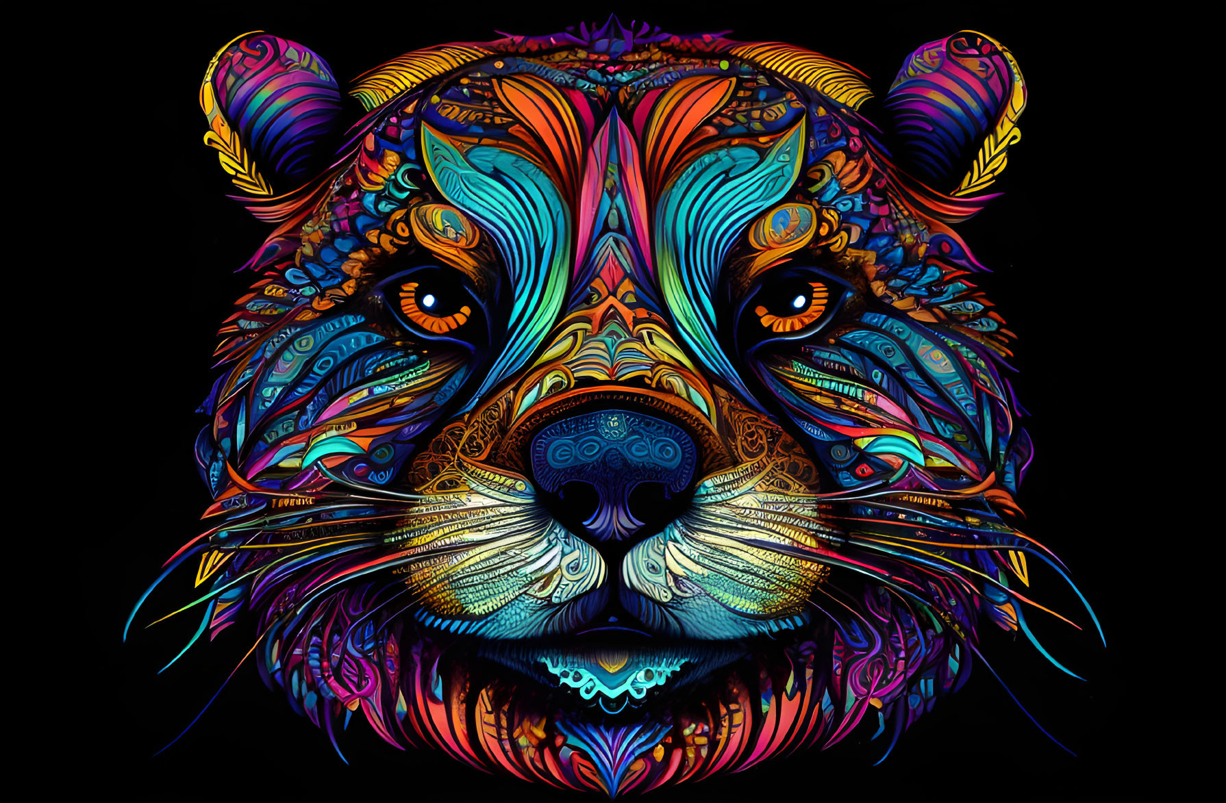 Intricately patterned tiger head illustration in vibrant neon colors