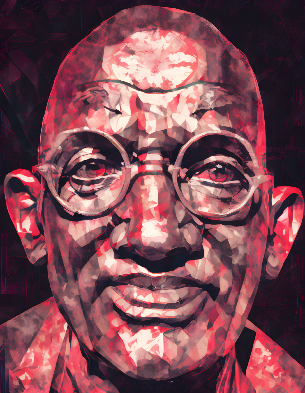 Geometric red-toned portrait of bald person with glasses and distinctive forehead marking