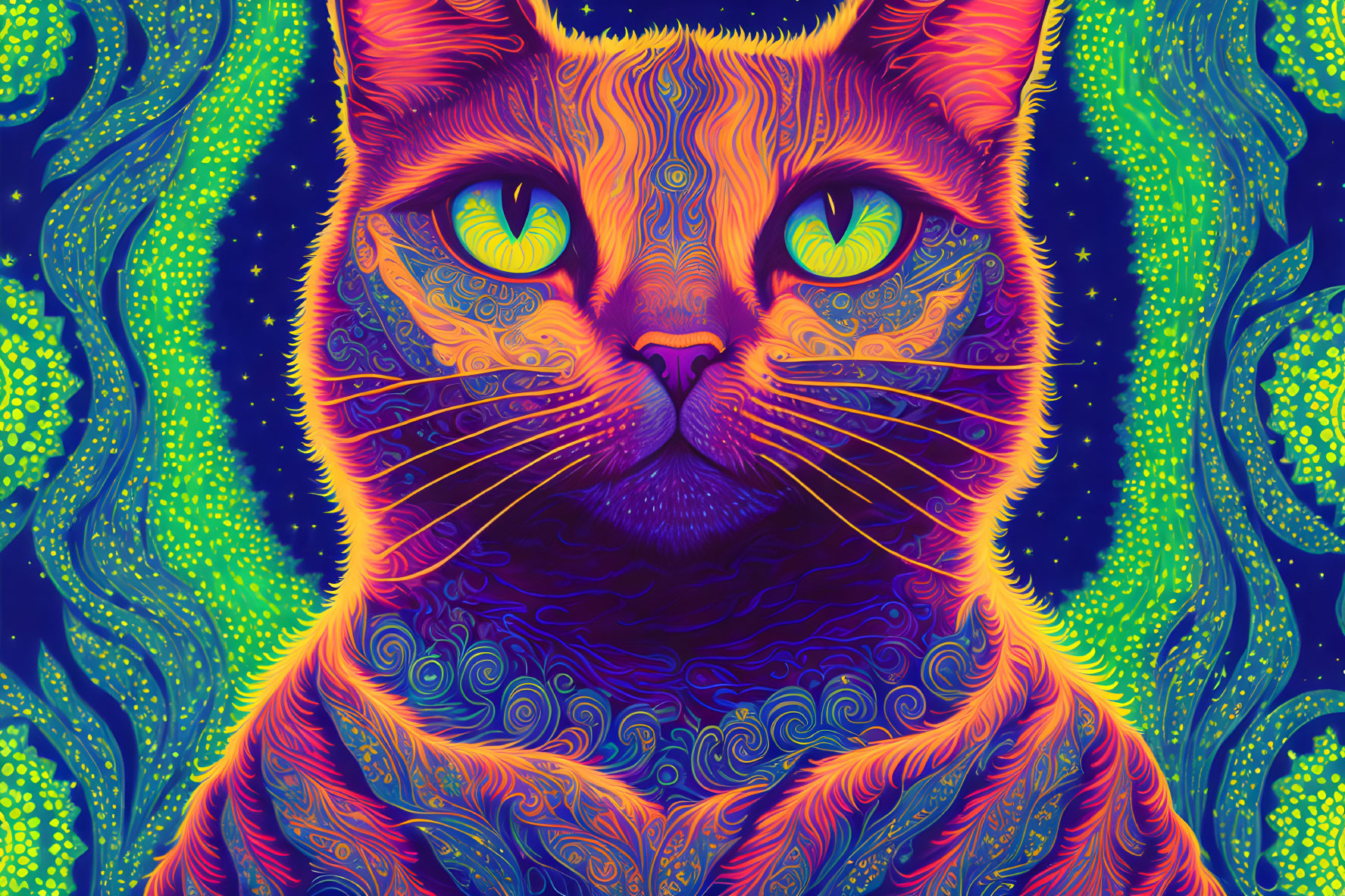 Colorful Psychedelic Cat Illustration with Swirling Patterns and Green Eyes