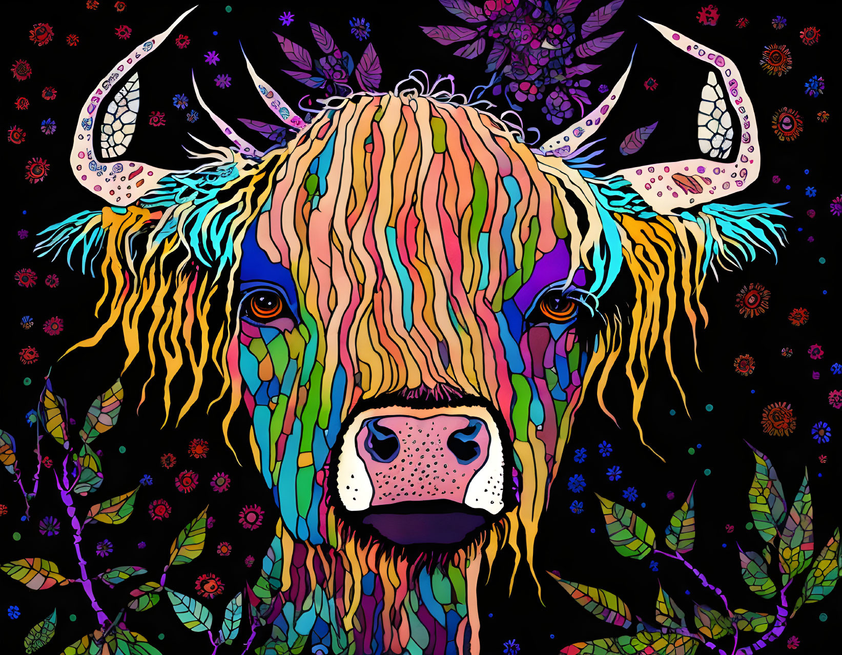 Vibrant Highland Cow Illustration with Psychedelic Floral Patterns