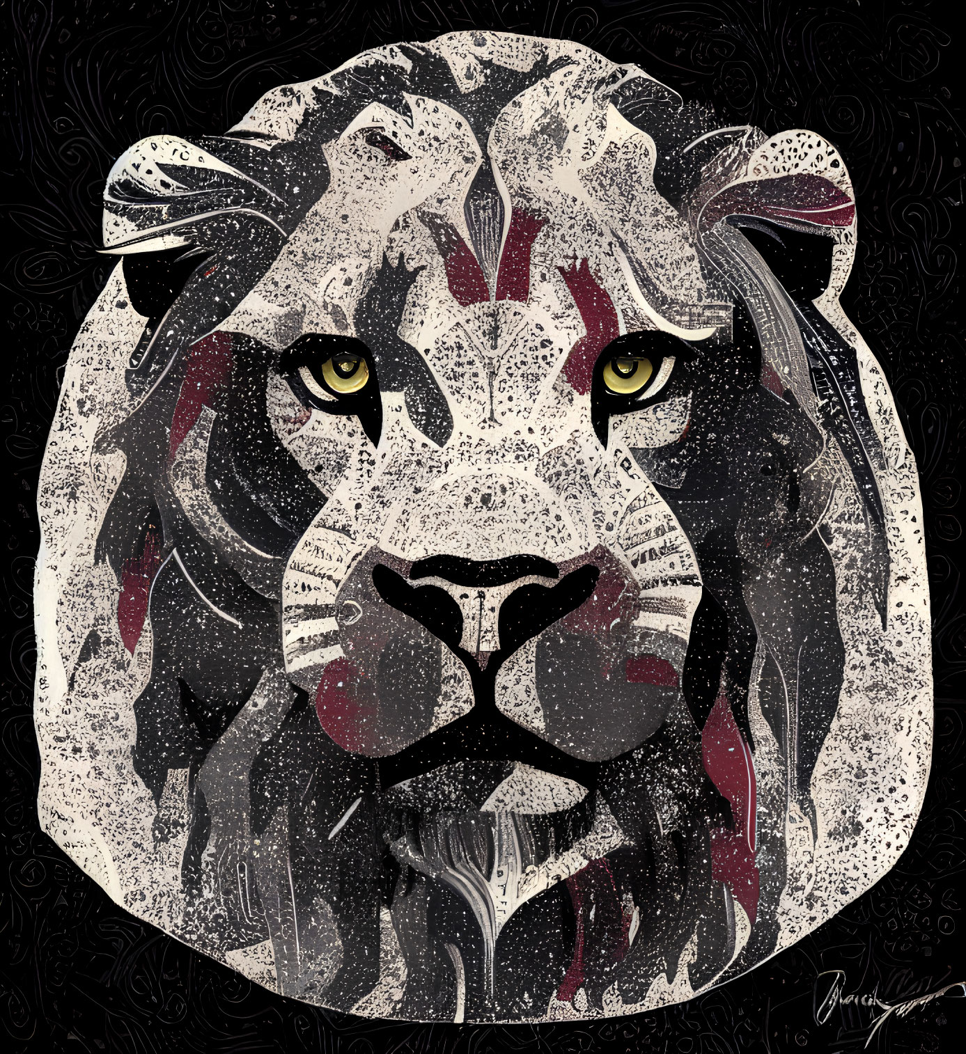 Detailed lion face illustration with patterns and textures in black, white, and red on decorative backdrop