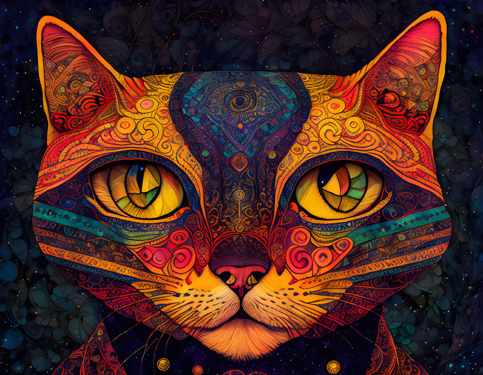 Colorful Stylized Cat Face with Yellow Eyes on Dark Background