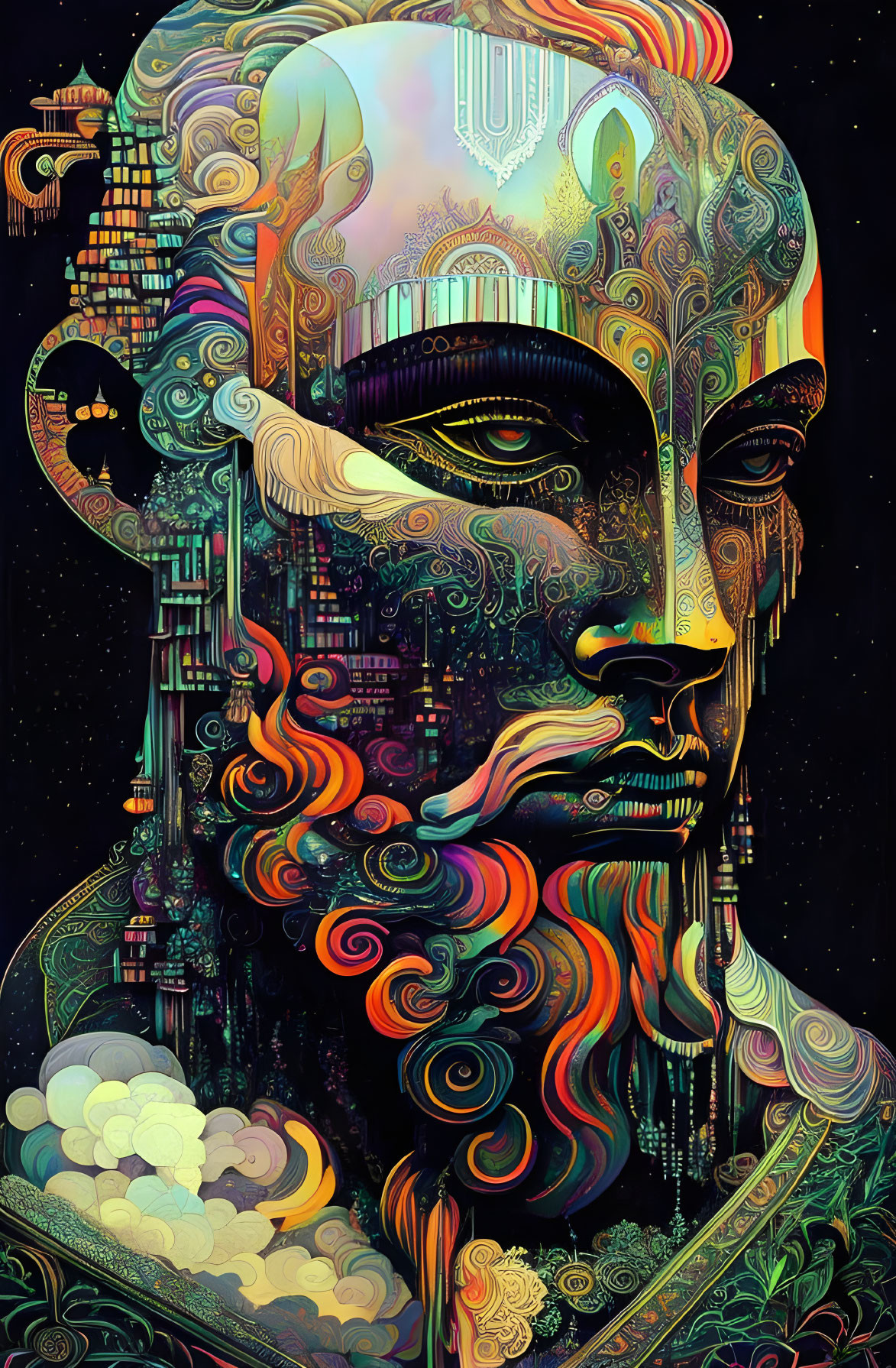 Colorful Psychedelic Portrait Featuring Cosmic and Abstract Elements