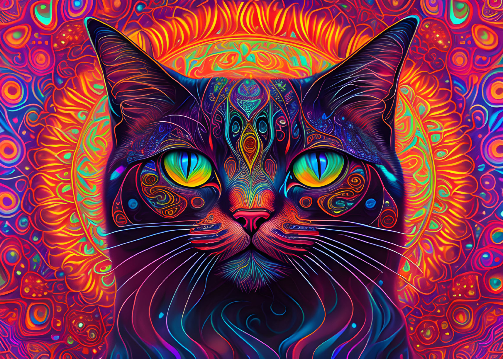 Colorful Psychedelic Cat Illustration with Blue, Orange, and Purple Patterns