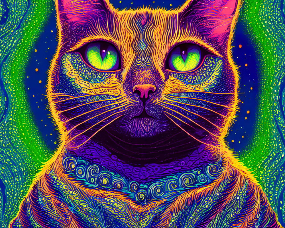 Colorful Psychedelic Cat Portrait with Green Eyes on Cosmic Background