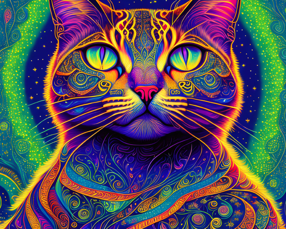 Colorful Psychedelic Cat Illustration with Glowing Eyes