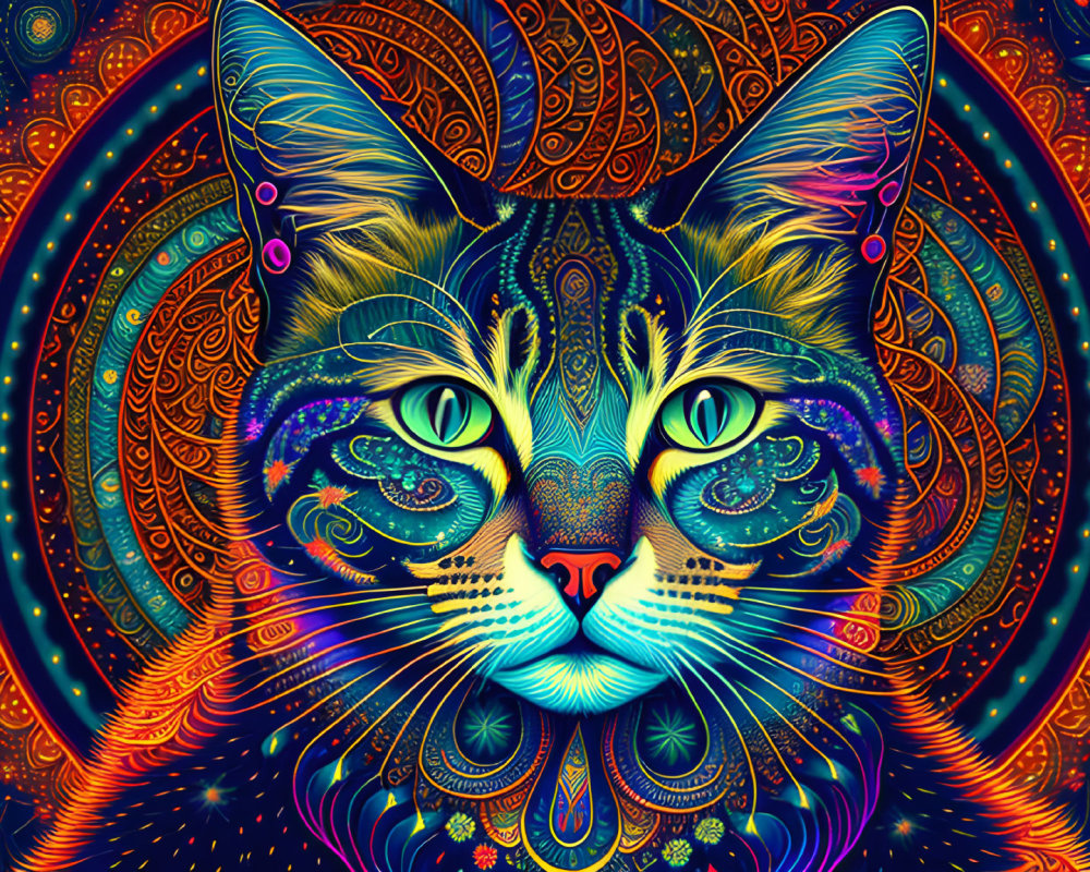 Colorful Psychedelic Cat Art with Mandala Background