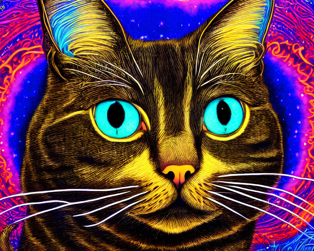 Colorful digital artwork: Cat with blue eyes and cosmic background