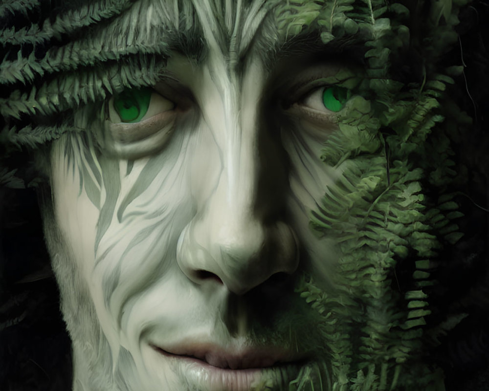 Portrait of a person with green eyes blended with fern leaves