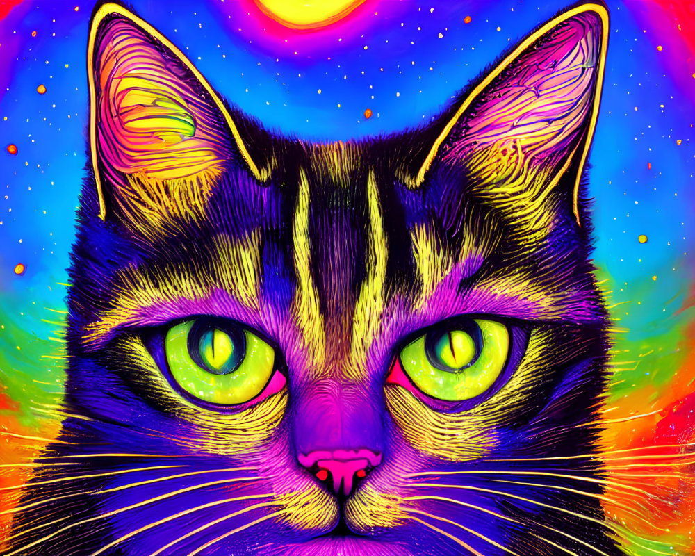 Colorful Psychedelic Cat Illustration with Electric Green Eyes on Space-themed Background