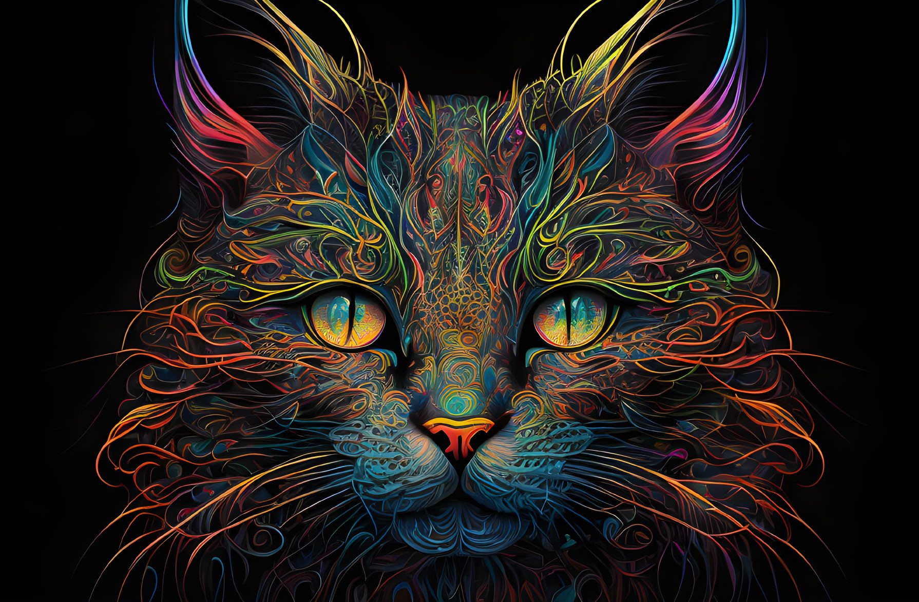 Colorful Cat Face Art with Neon Patterns on Black Background