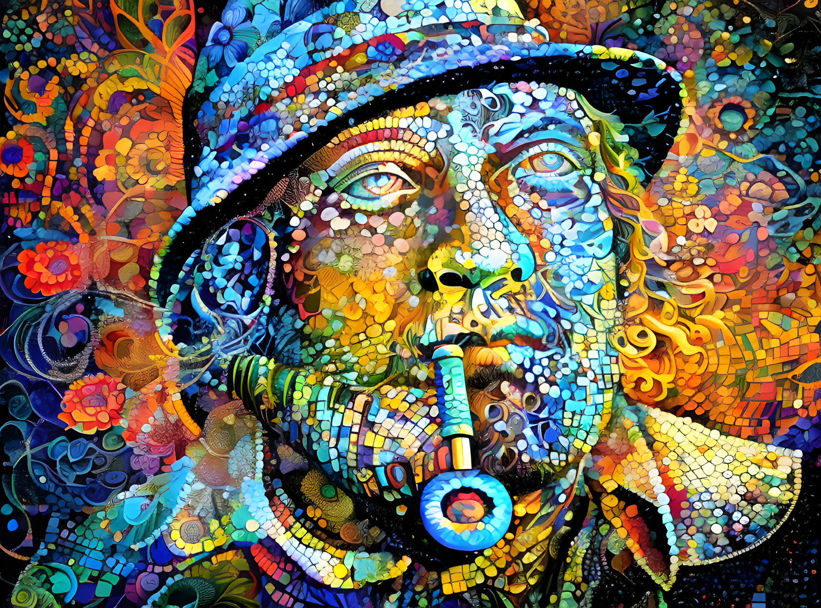 Colorful mosaic portrait of a person with a pipe and psychedelic floral motif