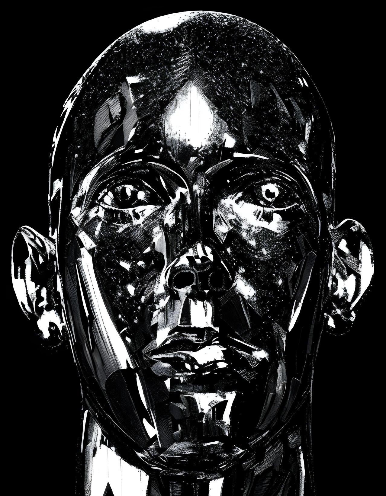 Fragmented black-and-white glossy human face representation