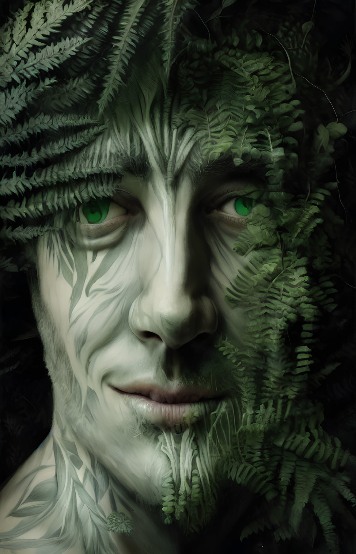 Portrait of a person with green eyes blended with fern leaves