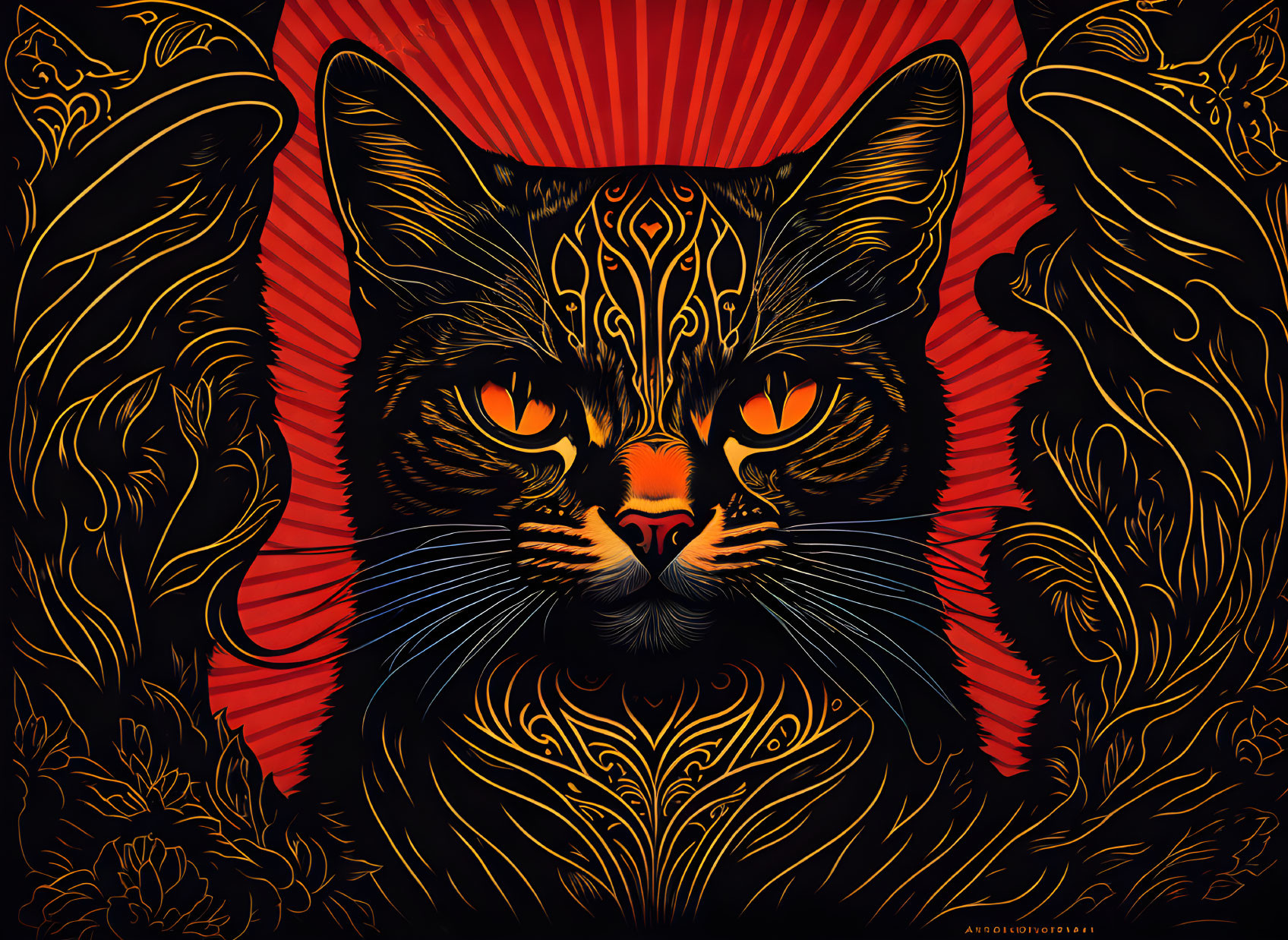 Stylized black cat with gold patterns on red background