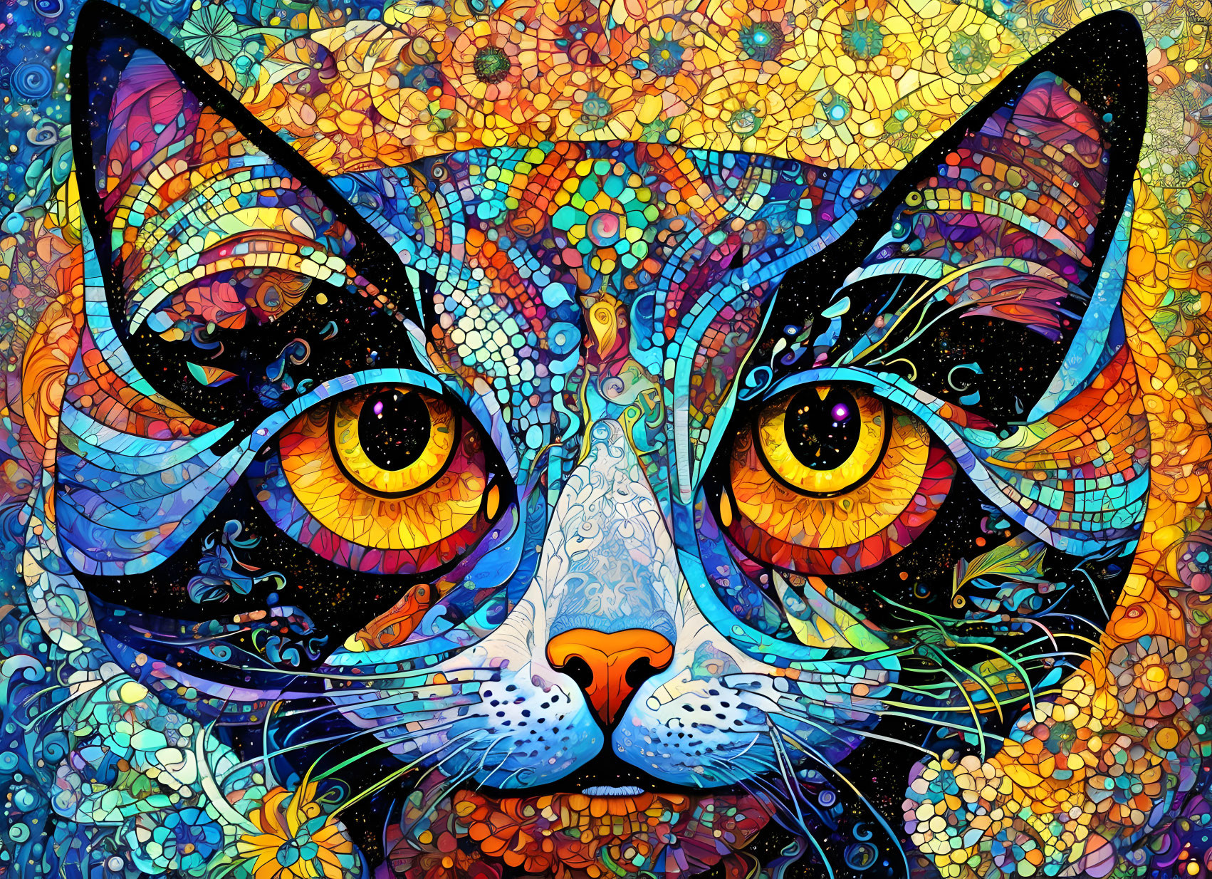 Colorful Mosaic-Style Cat Illustration with Striking Yellow Eyes