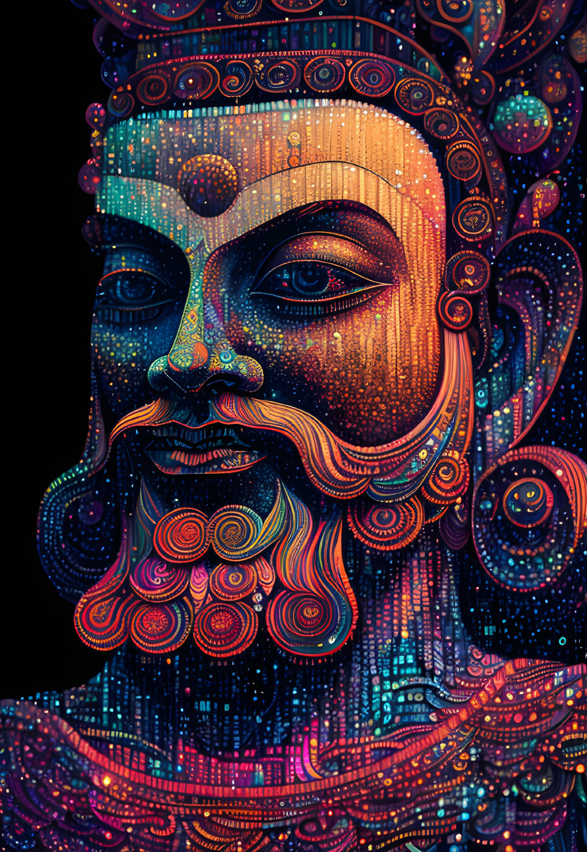 Colorful digital portrait of ornate male figure with detailed beard.