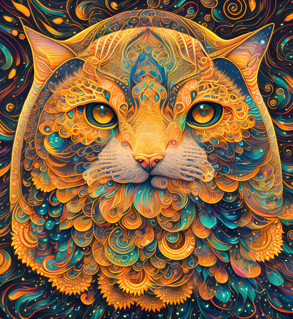 Colorful Psychedelic Cat Face Illustration in Orange, Blue, and Gold