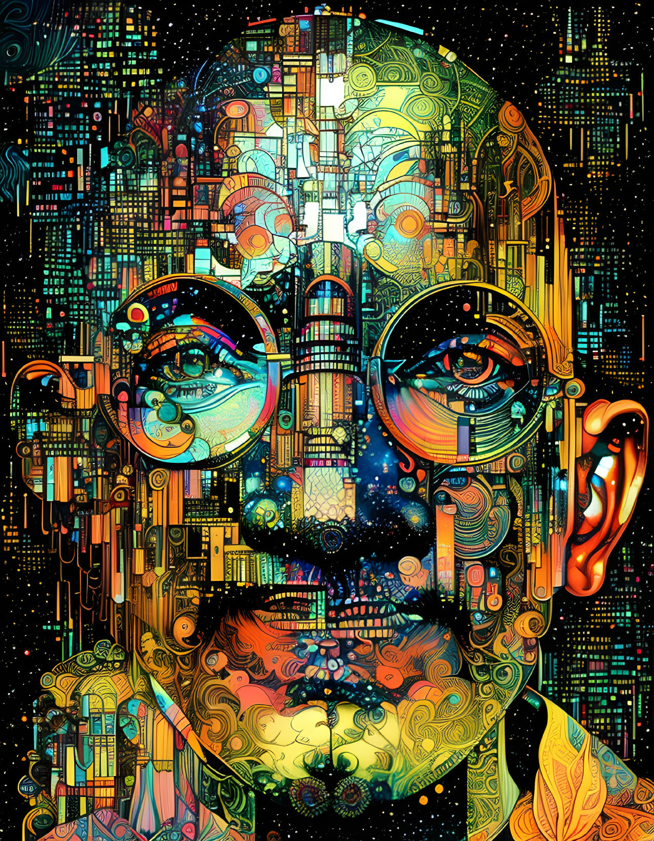 Colorful Human Face with Mechanical and Cosmic Patterns on Dark Background