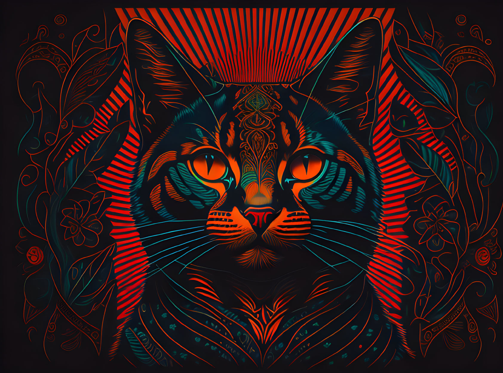 Colorful digital cat art with intricate patterns and orange eyes on dark background