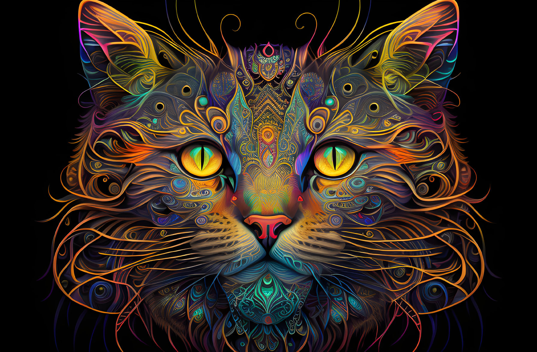 Vivid neon colored stylized cat with intricate patterns on black background