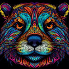 Intricately patterned tiger head illustration in vibrant neon colors