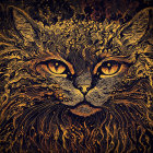 Detailed cat face illustration with swirling patterns and orange eyes on dark backdrop