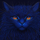 Detailed Blue Patterned Cat Illustration on Dark Background