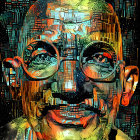 Colorful Human Face with Mechanical and Cosmic Patterns on Dark Background