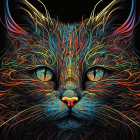 Colorful Cat Face Art with Neon Patterns on Black Background