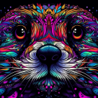 Vibrant psychedelic cat face with intricate patterns on dark background