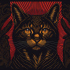 Colorful digital cat art with intricate patterns and orange eyes on dark background