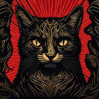 Stylized black cat with gold patterns on red background