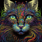 Colorful Psychedelic Cat Illustration with Blue Eyes on Dark Background