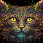 Vivid neon colored stylized cat with intricate patterns on black background