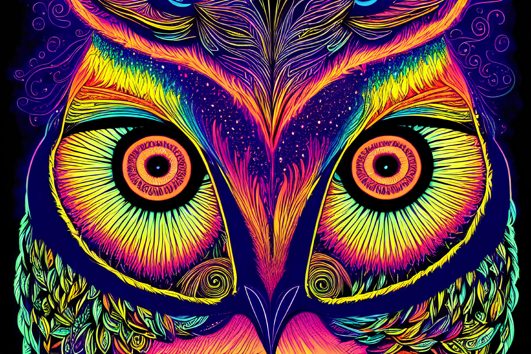 Colorful Owl Illustration with Intricate Patterns & Psychedelic Palette